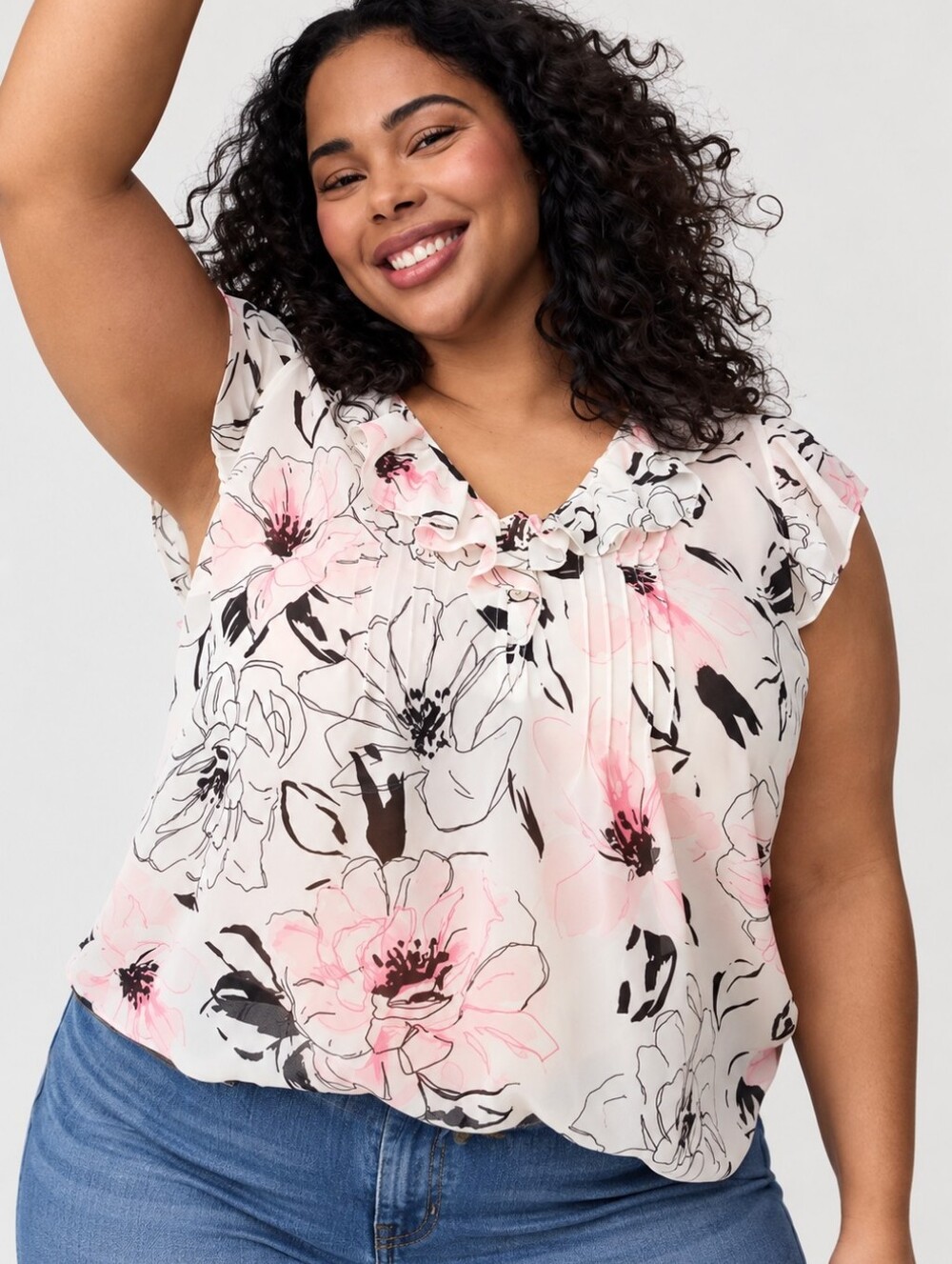 Torrid Ruffle Flutter Sleeve Floral Blouse Pink Black Semi-sheer Plus Size 2